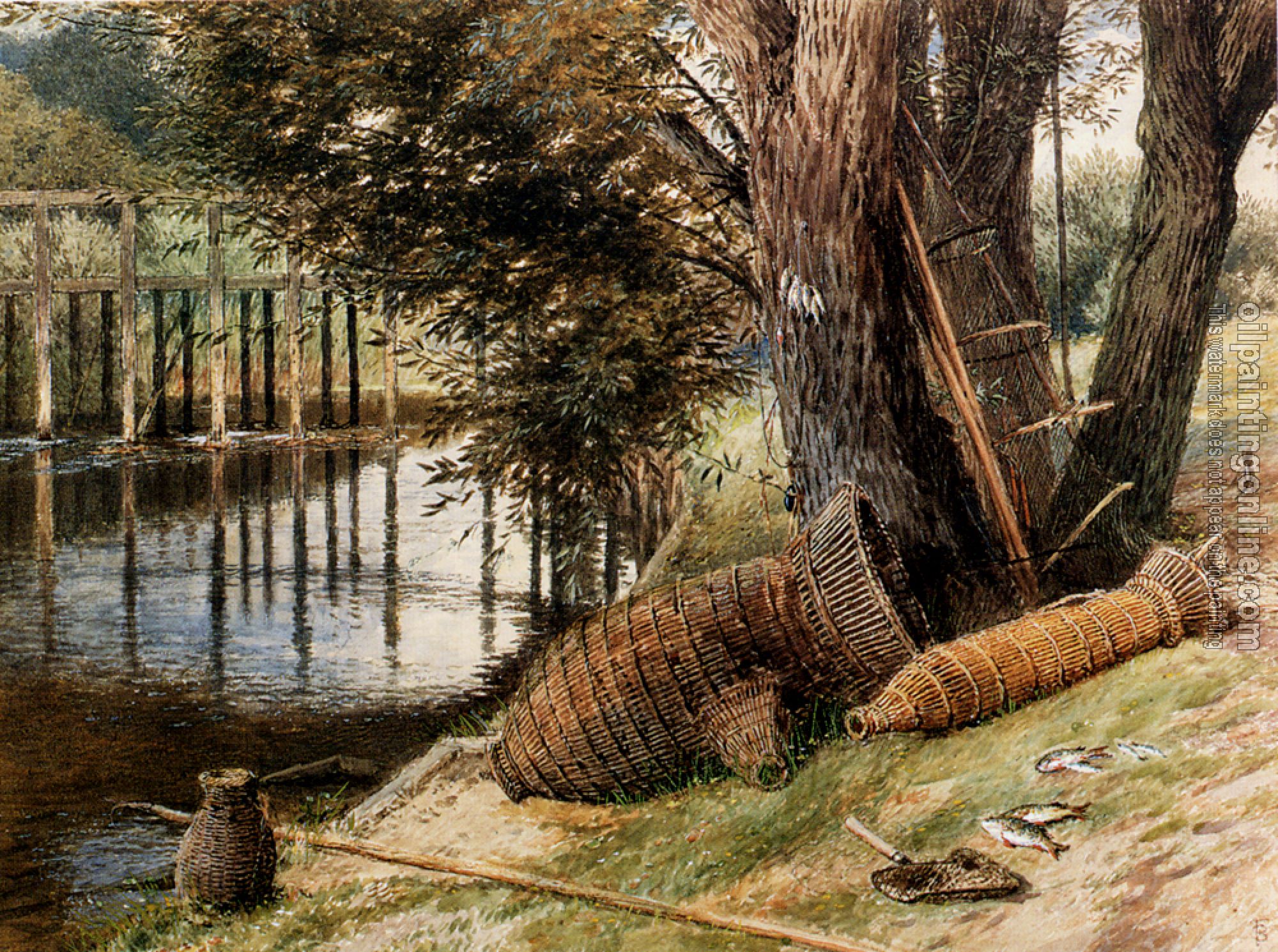 Myles Birket Foster - Eel Pots On The banks Of A River